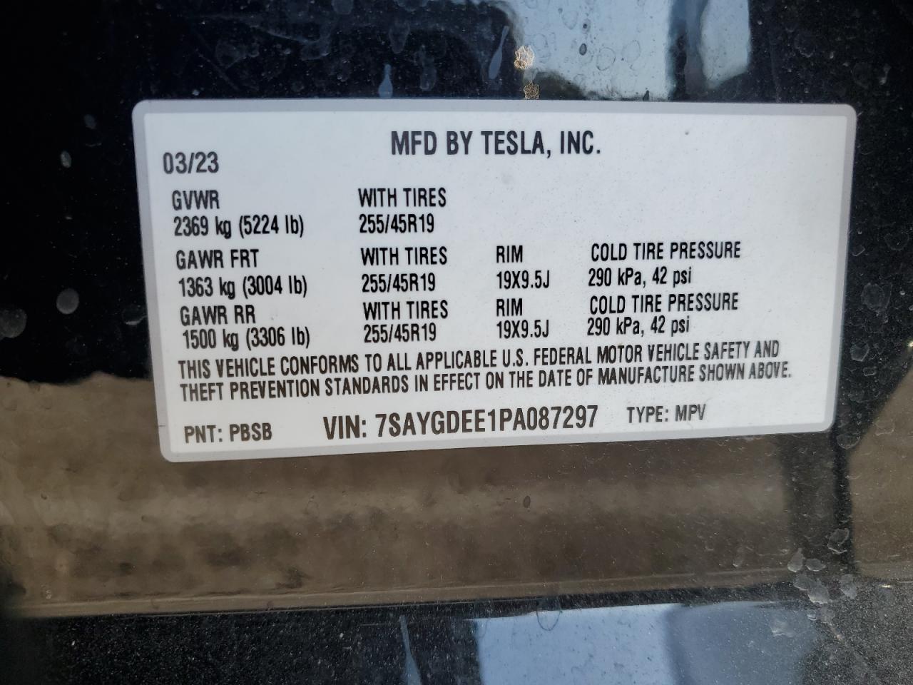 2023 TESLA MODEL Y VIN:7SAYGDEE1PA087297