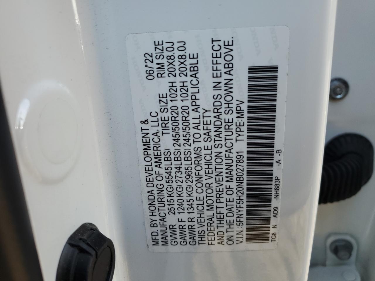 2022 HONDA PILOT SE VIN:5FNYF5H20NB027891