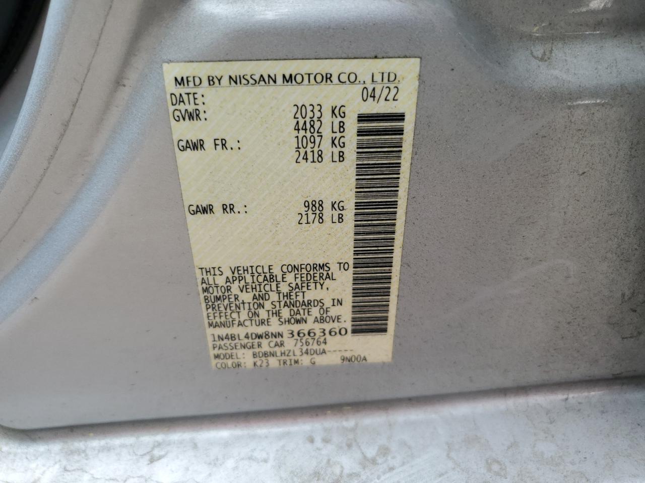 2022 NISSAN ALTIMA SV VIN:1N4BL4DW8NN366360