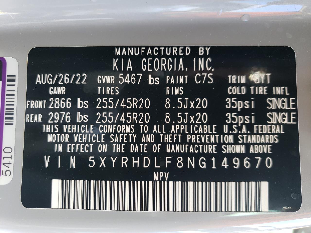 2022 KIA SORENTO EX VIN:5XYRHDLF8NG149670