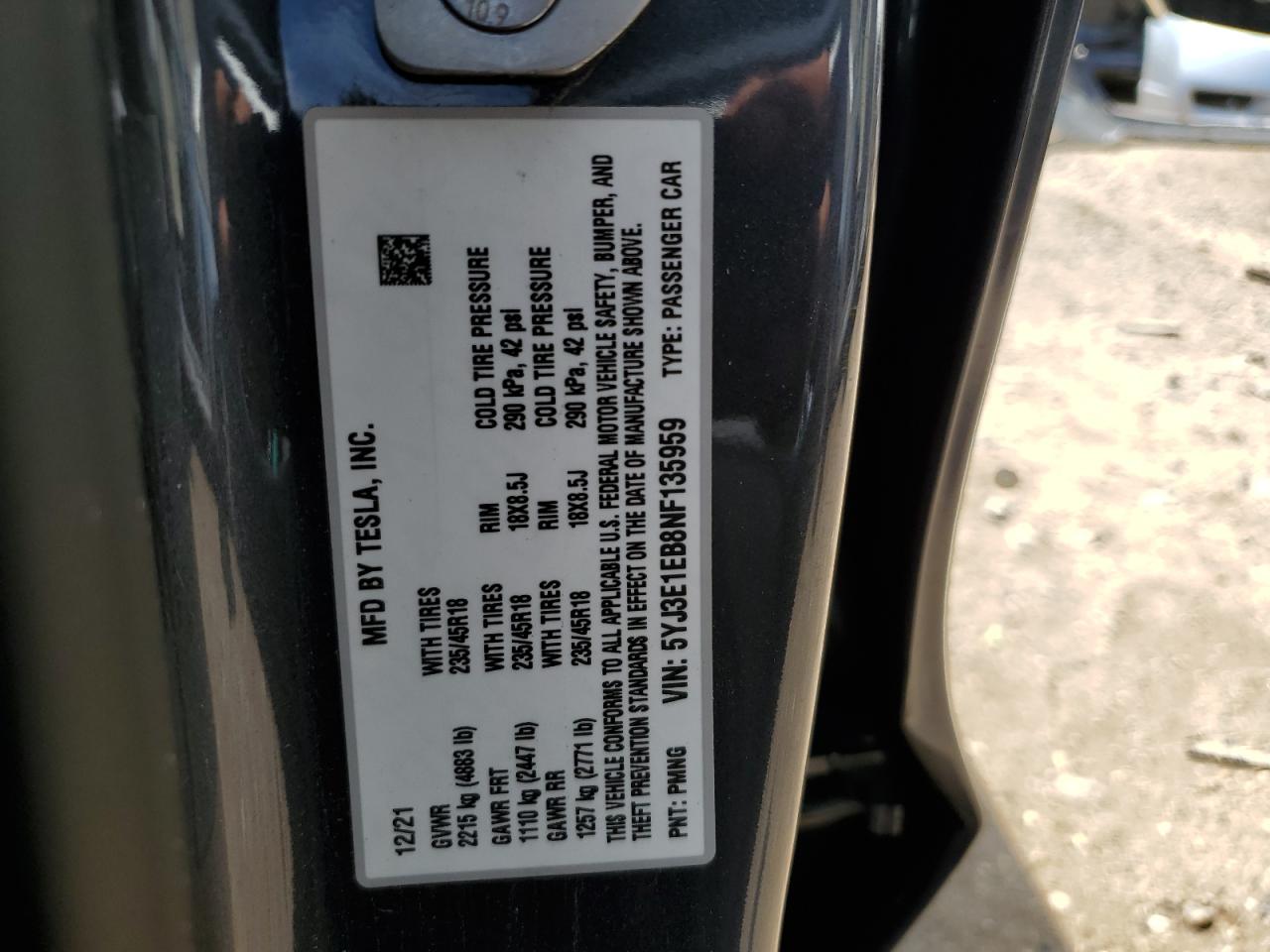 2022 TESLA MODEL 3 VIN:5YJ3E1EB8NF135959