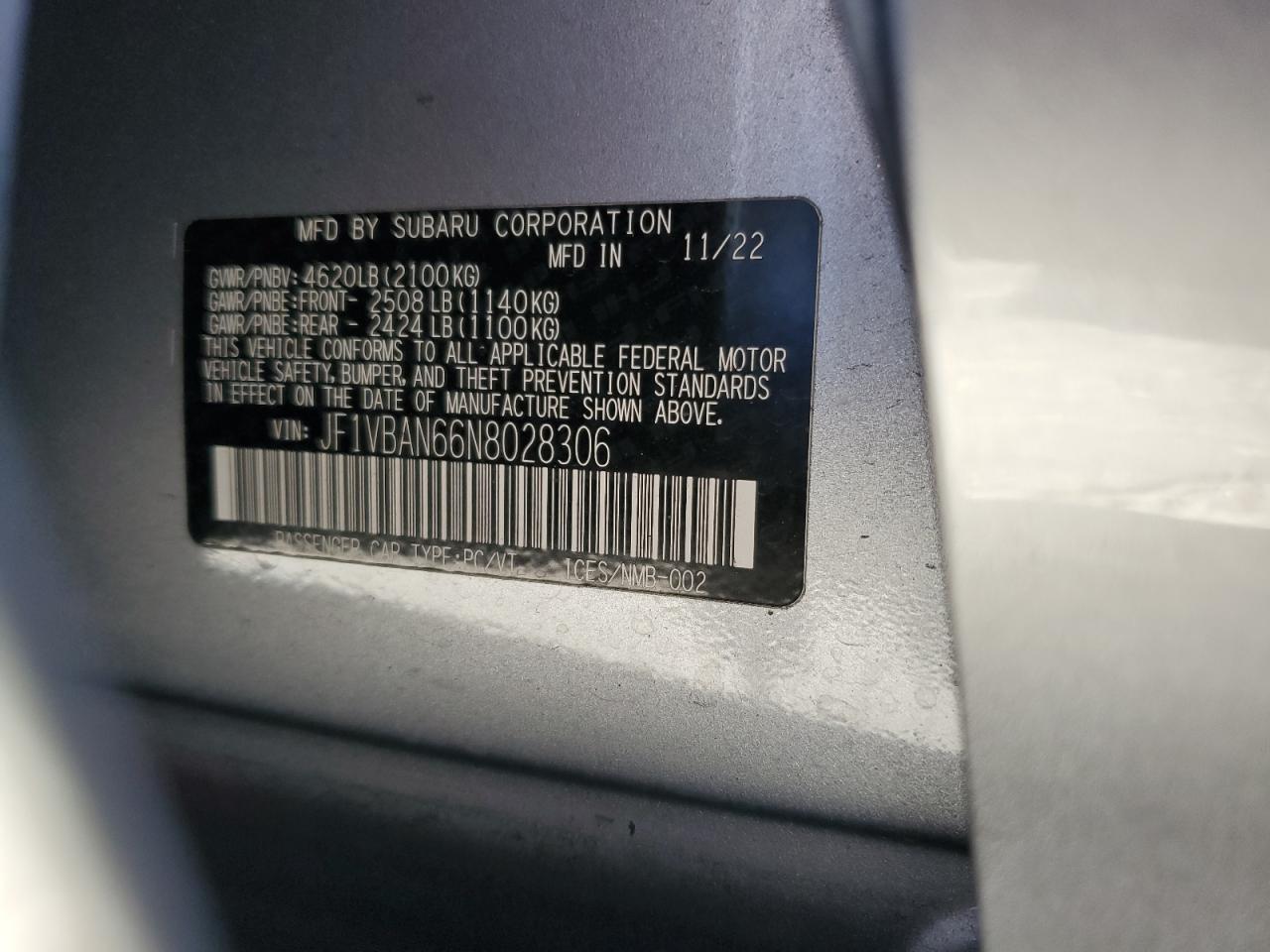 2022 SUBARU WRX LIMITED VIN:JF1VBAN66N8028306