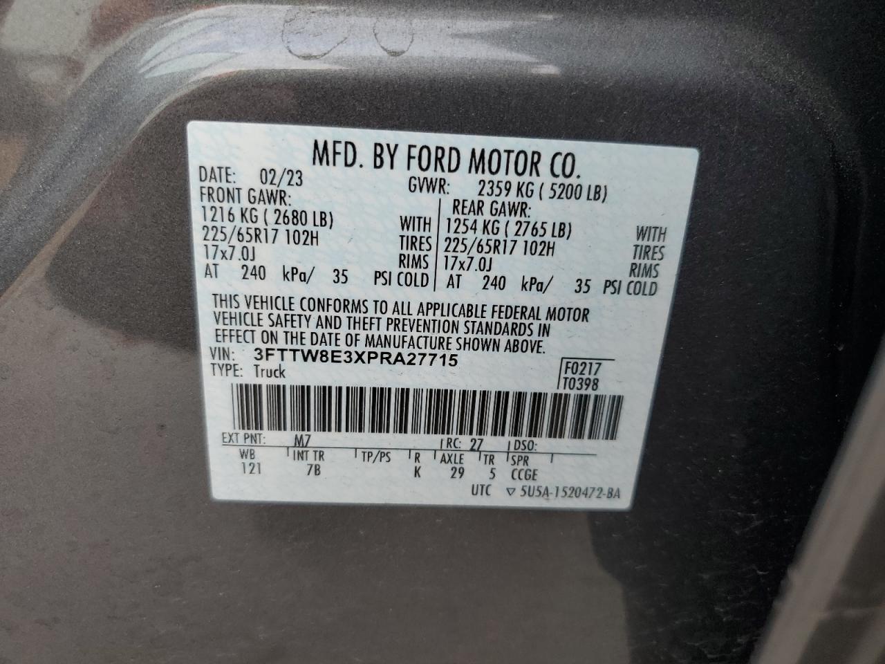 2023 FORD MAVERICK XL VIN:3FTTW8E3XPRA27715