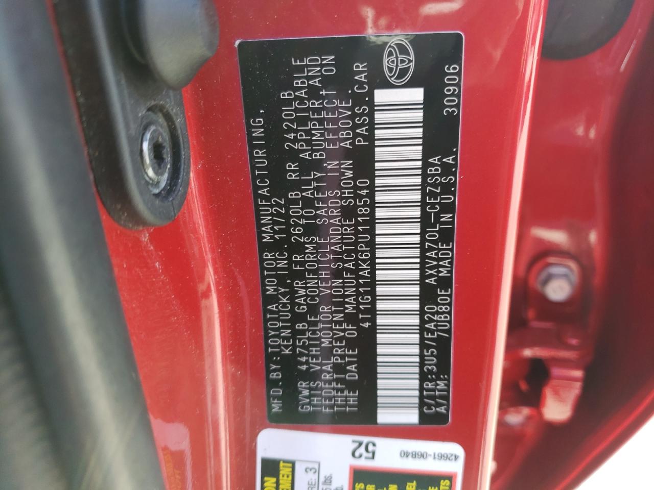 2023 TOYOTA CAMRY SE NIGHT SHADE VIN:4T1G11AK6PU118540