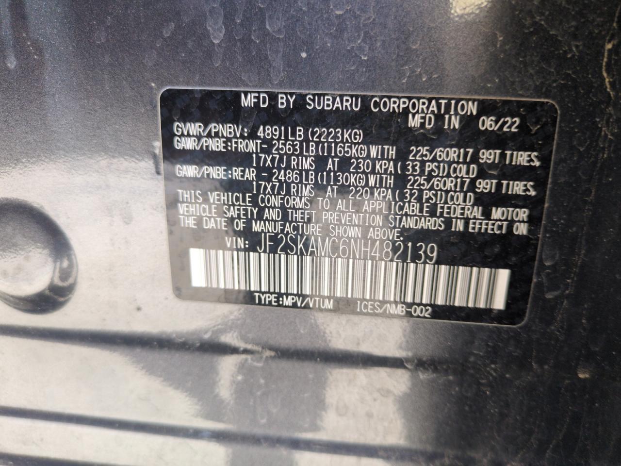 2022 SUBARU FORESTER WILDERNESS VIN:JF2SKAMC6NH482139