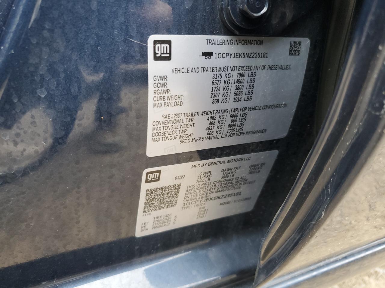 2022 CHEVROLET SILVERADO LTD K1500 LT-L VIN:1GCPYJEK5NZ235181