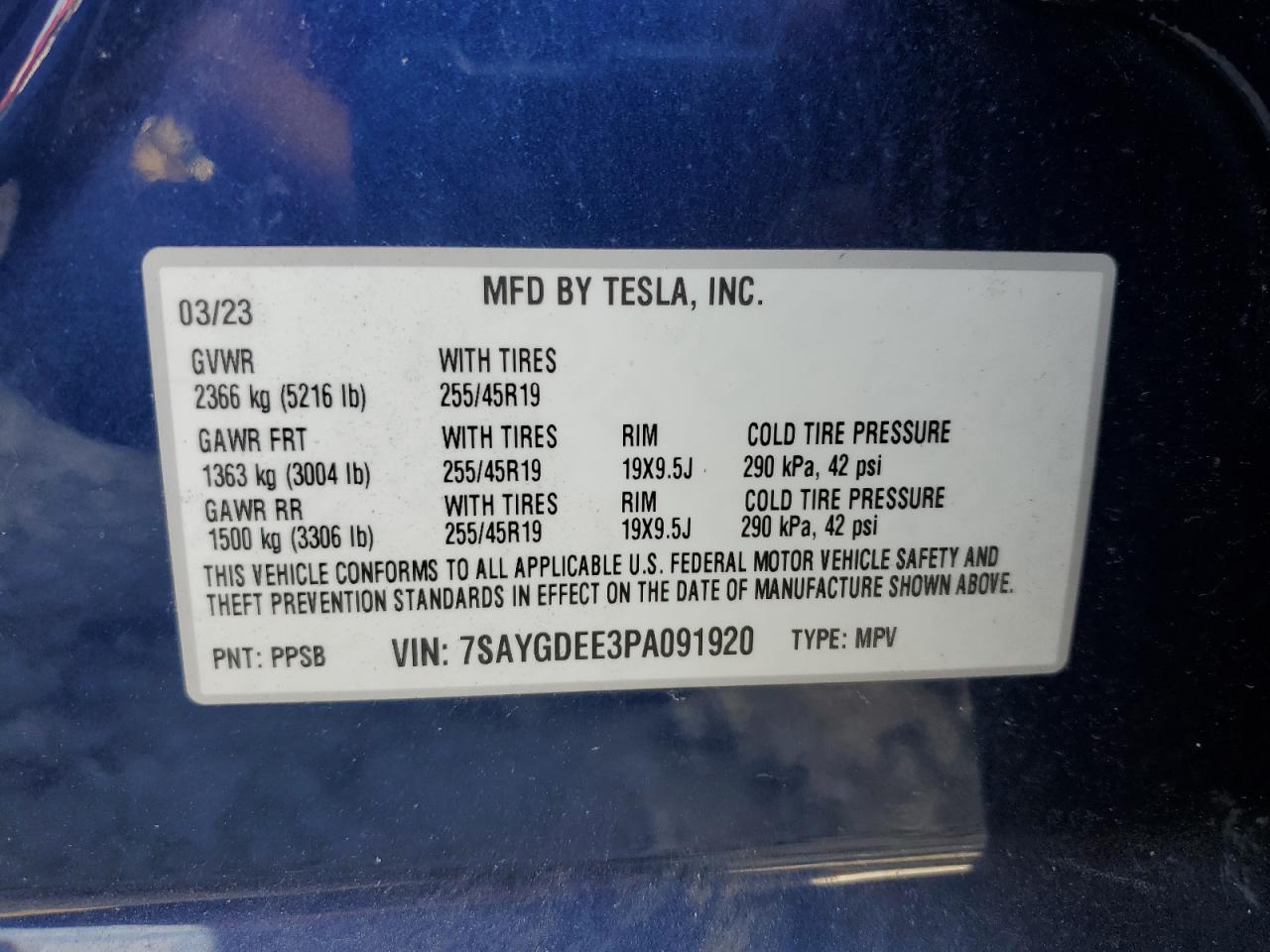 2023 TESLA MODEL Y VIN:7SAYGDEE3PA091920