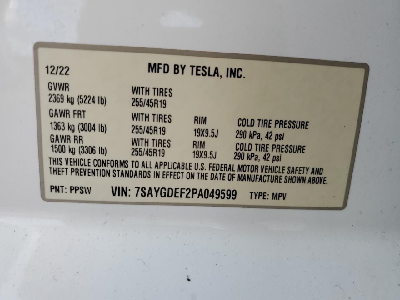 2023 TESLA MODEL Y VIN:7SAYGDEF2PA049599