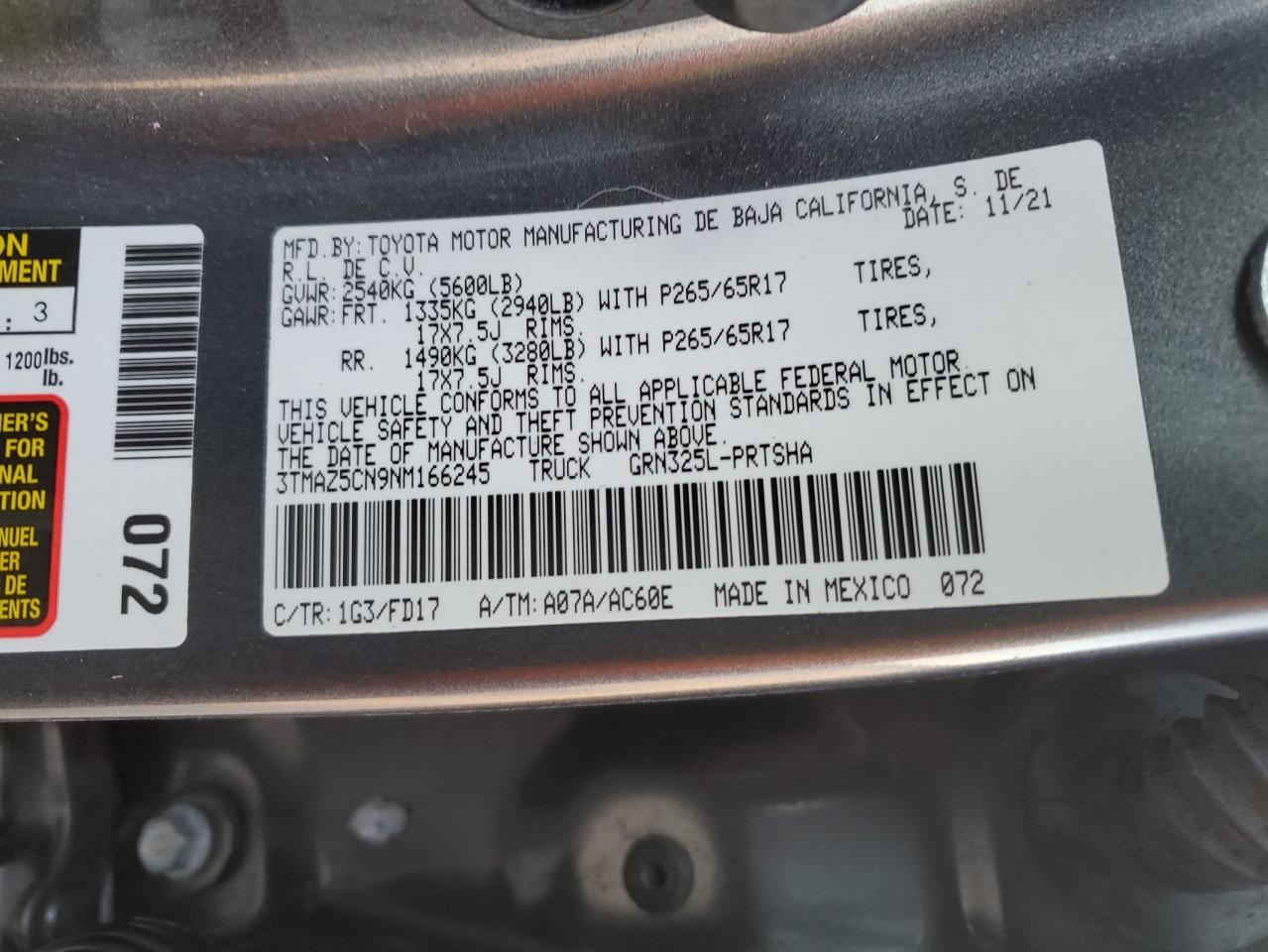 2022 TOYOTA TACOMA DOUBLE CAB VIN:3TMAZ5CN9NM166245