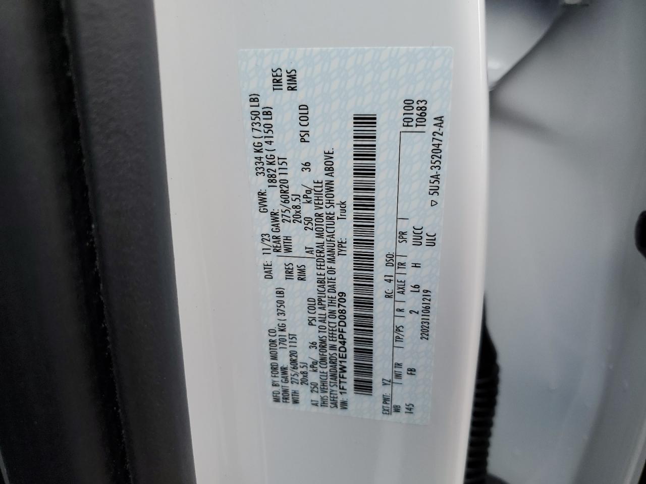 2023 FORD F150 SUPERCREW VIN:1FTFW1ED4PFD08709