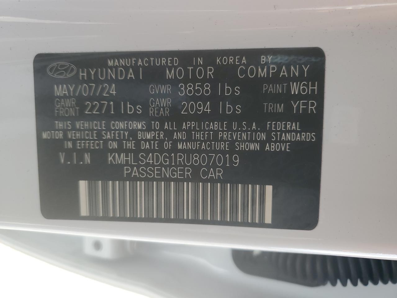2024 HYUNDAI ELANTRA SEL VIN:KMHLS4DG1RU807019
