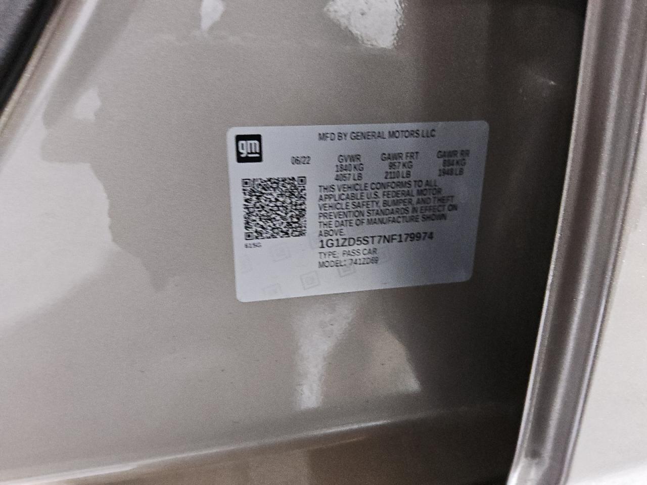 2022 CHEVROLET MALIBU LT VIN:1G1ZD5ST7NF179974