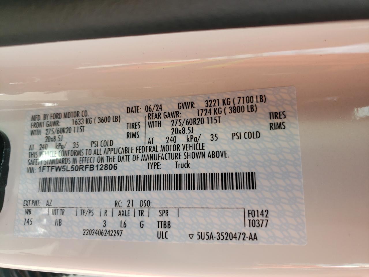 2024 FORD F150 LARIAT VIN:1FTFW5L50RFB12806