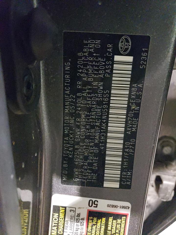 2022 TOYOTA CAMRY LE VIN:4T1H31AK4NU591655