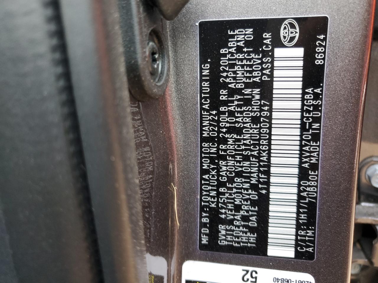 2024 TOYOTA CAMRY XLE VIN:4T1F11AK6RU907947