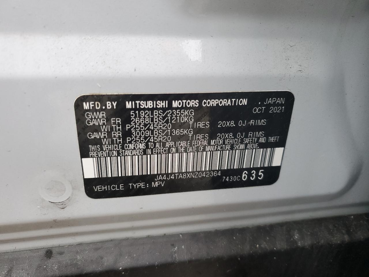 2022 MITSUBISHI OUTLANDER ES VIN:JA4J4TA8XNZ042364