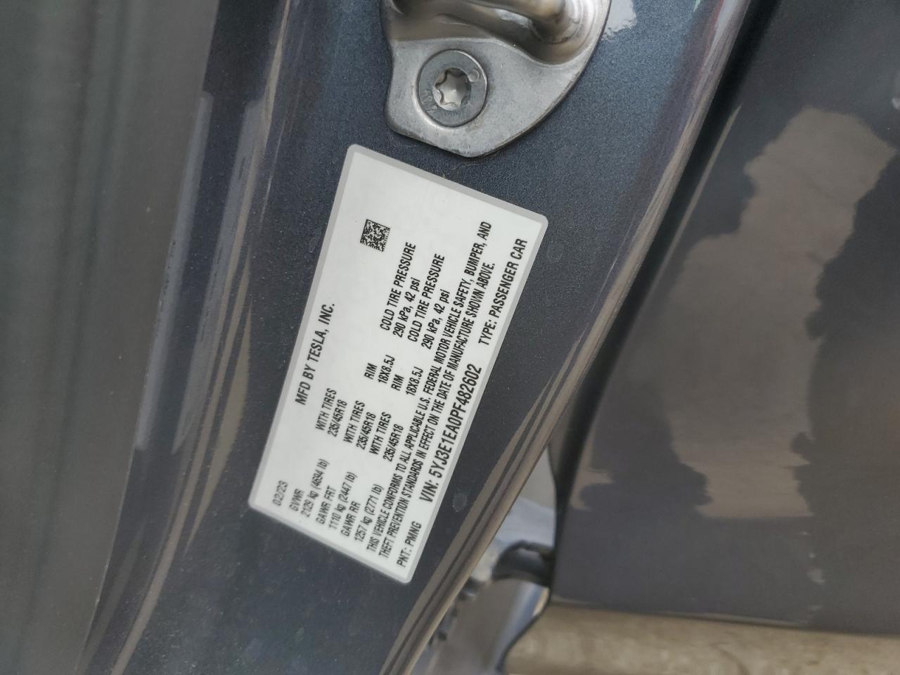 2023 TESLA MODEL 3 VIN:5YJ3E1EA0PF482602