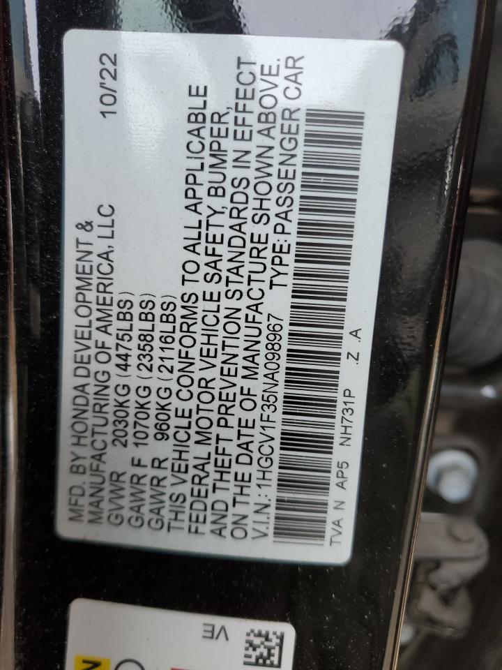 2022 HONDA ACCORD SPORT VIN:1HGCV1F35NA098967