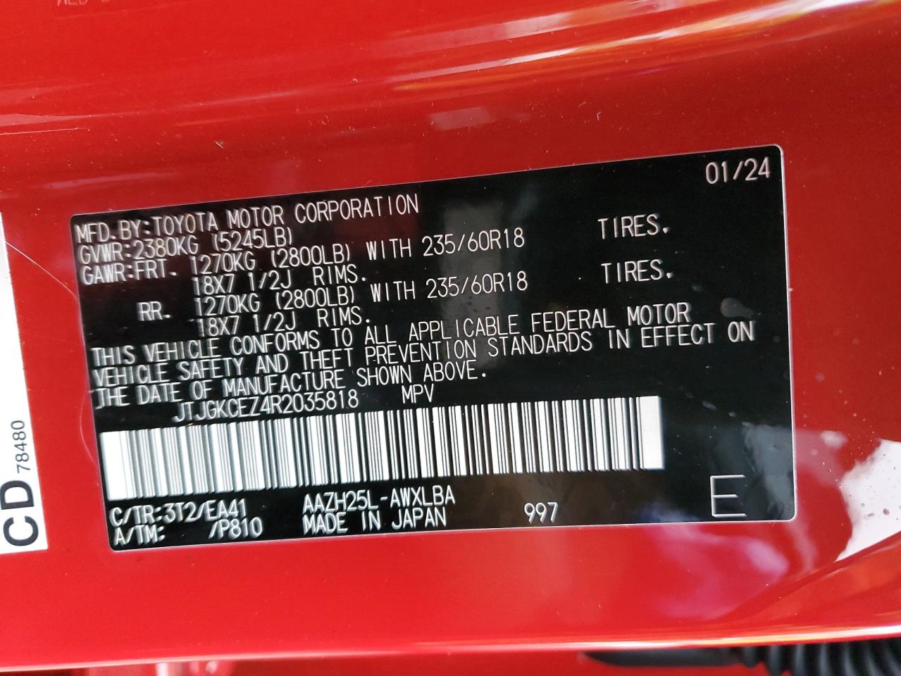 2024 LEXUS NX 350H BASE VIN:JTJGKCEZ4R2035818
