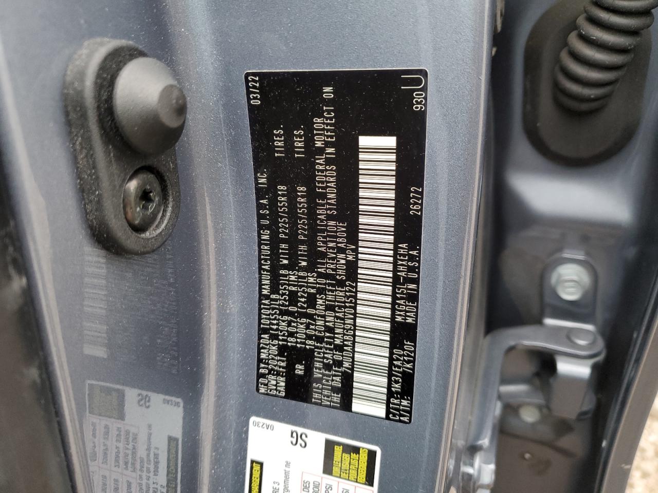 2022 TOYOTA COROLLA CROSS XLE VIN:7MUDAABG9NV015122