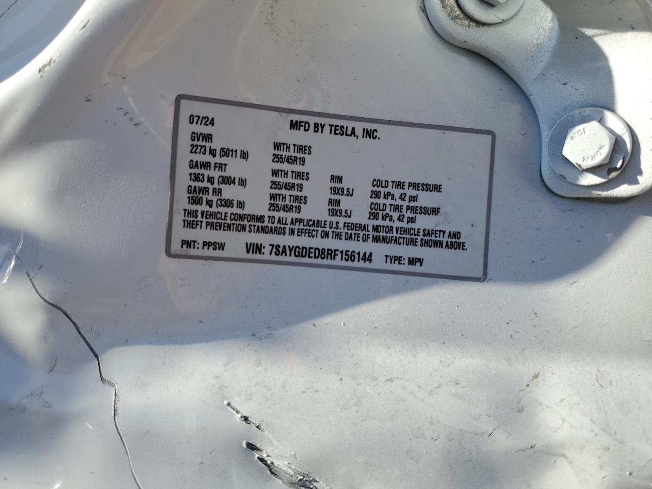 2024 TESLA MODEL Y VIN:7SAYGDED8RF156144