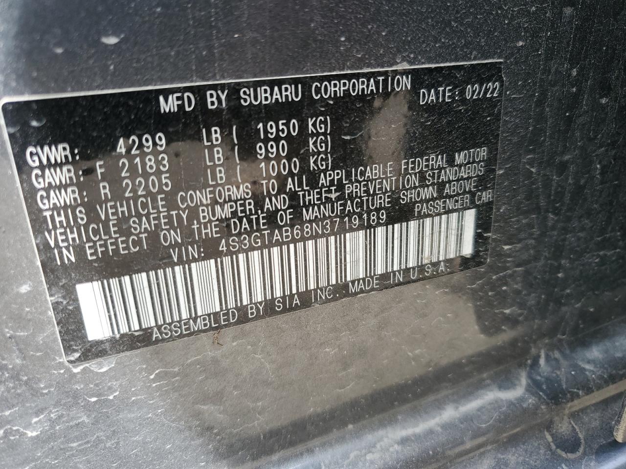 2022 SUBARU IMPREZA VIN:4S3GTAB68N3719189
