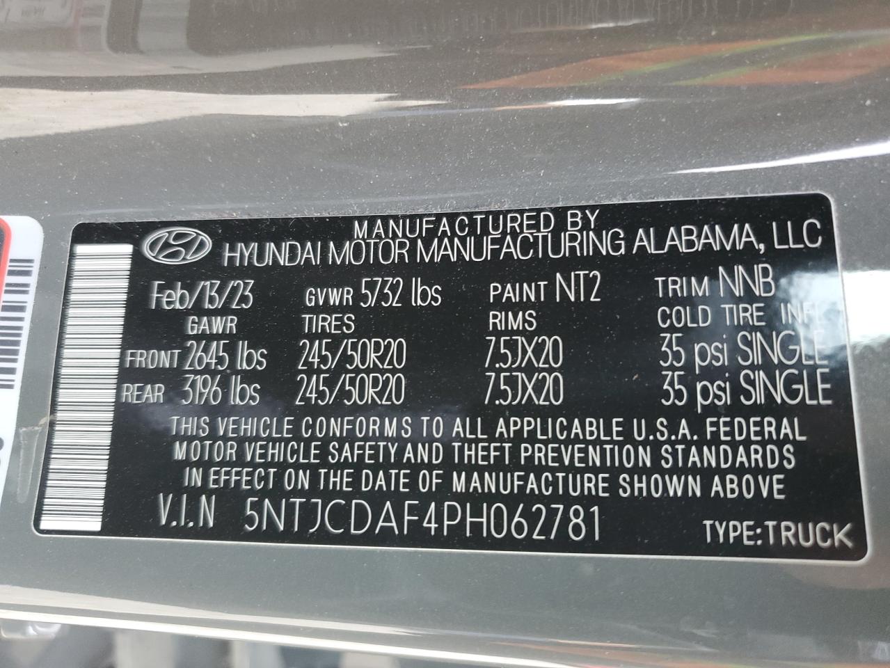 2023 HYUNDAI SANTA CRUZ NIGHT VIN:5NTJCDAF4PH062781