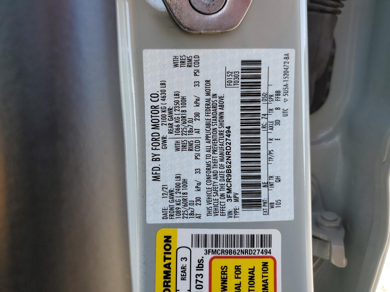 2022 FORD BRONCO SPORT BIG BEND VIN:3FMCR9B62NRD27494