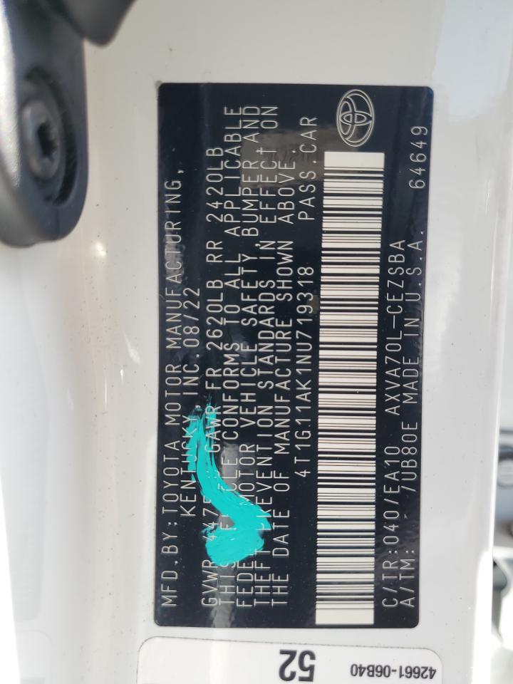 2022 TOYOTA CAMRY SE VIN:4T1G11AK1NU719318