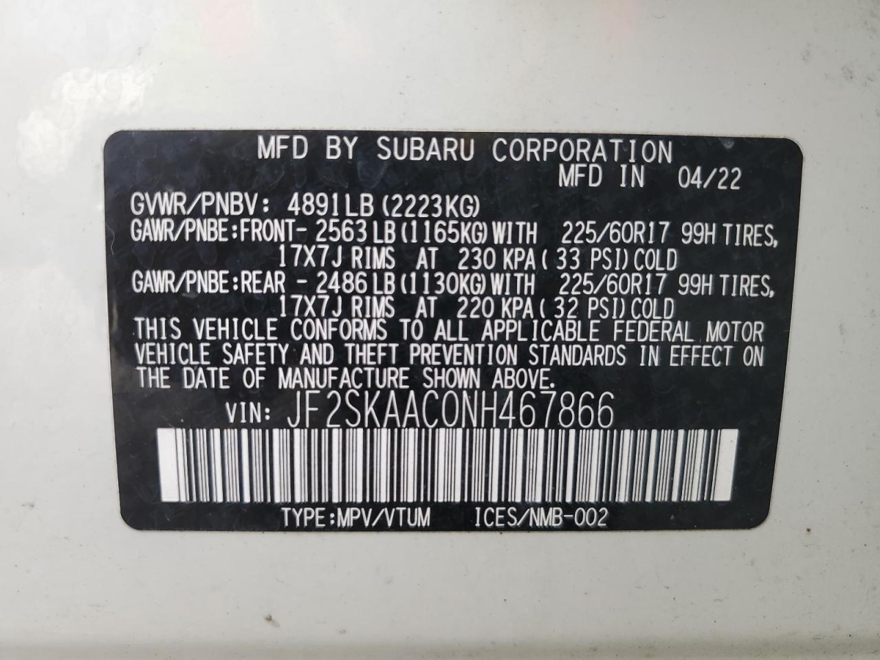 2022 SUBARU FORESTER VIN:JF2SKAAC0NH467866