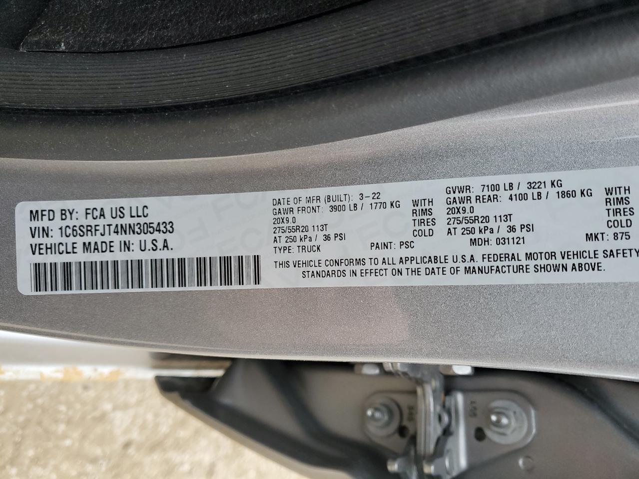 2022 RAM 1500 LARAMIE VIN:1C6SRFJT4NN305433