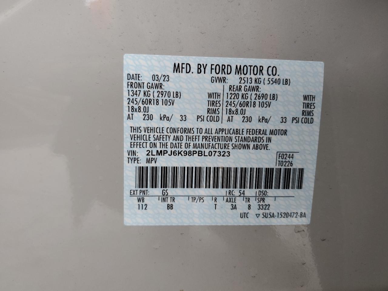 2023 LINCOLN NAUTILUS RESERVE VIN:2LMPJ6K98PBL07323