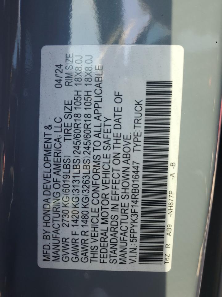 2024 HONDA RIDGELINE SPORT VIN:5FPYK3F14RB016447