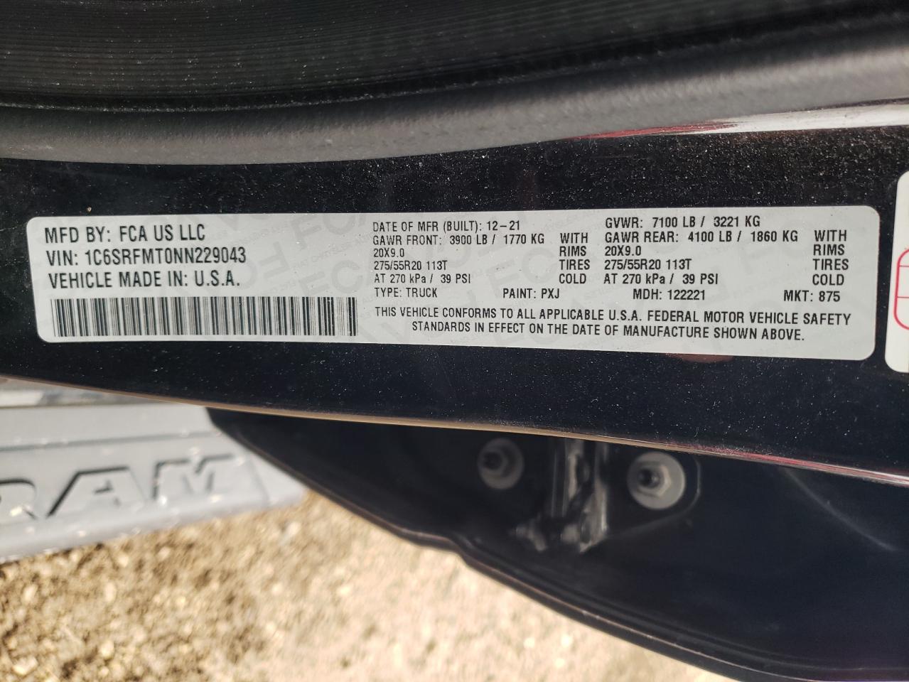 2022 RAM 1500 BIG HORN/LONE STAR VIN:1C6SRFMT0NN229043