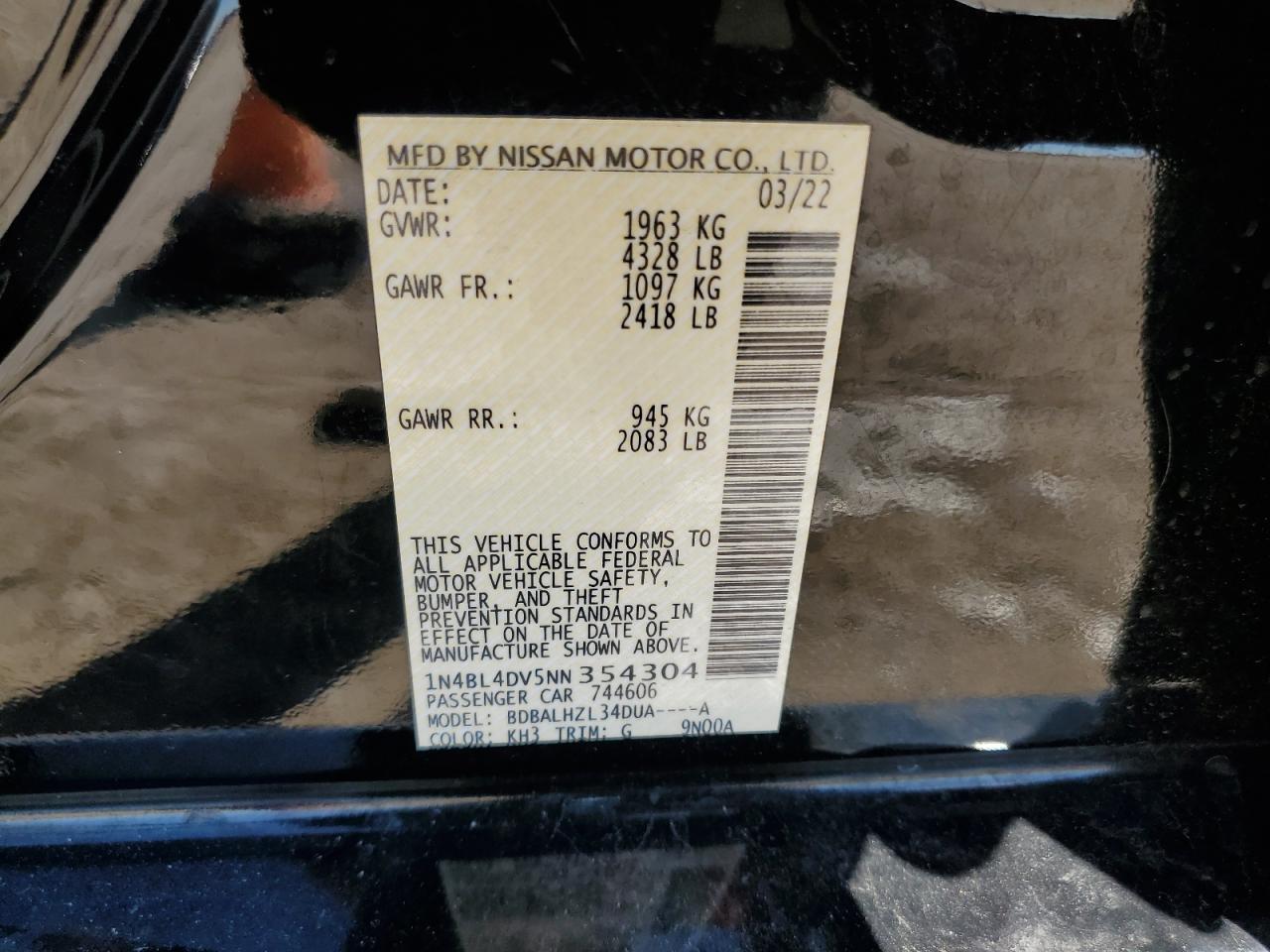 2022 NISSAN ALTIMA SV VIN:1N4BL4DV5NN354304