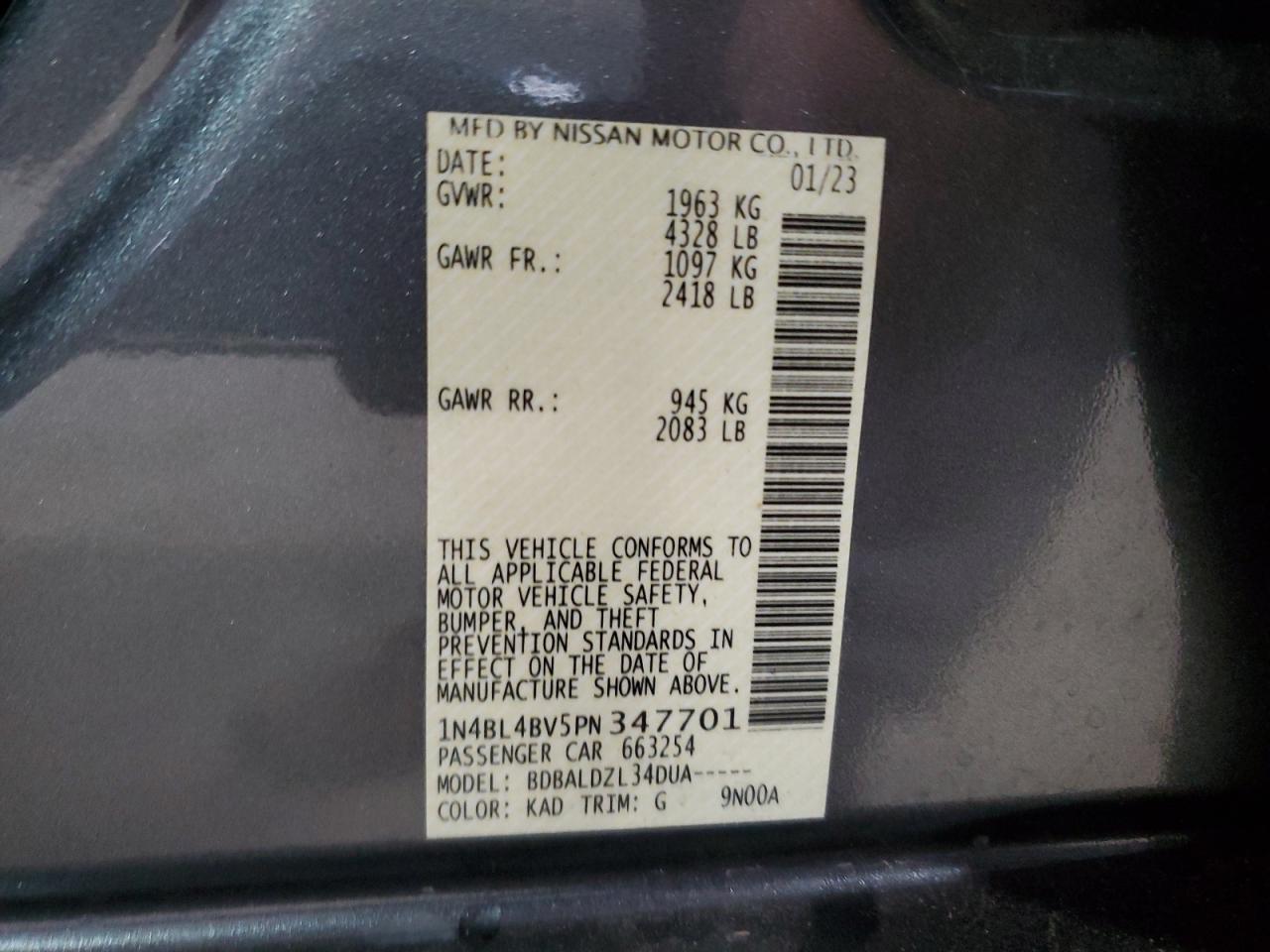 2023 NISSAN ALTIMA S VIN:1N4BL4BV5PN347701