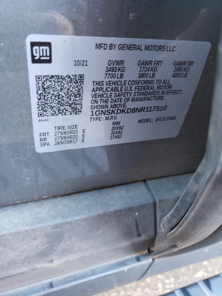 2022 CHEVROLET SUBURBAN K1500 Z71 VIN:1GNSKDKD8NR117510