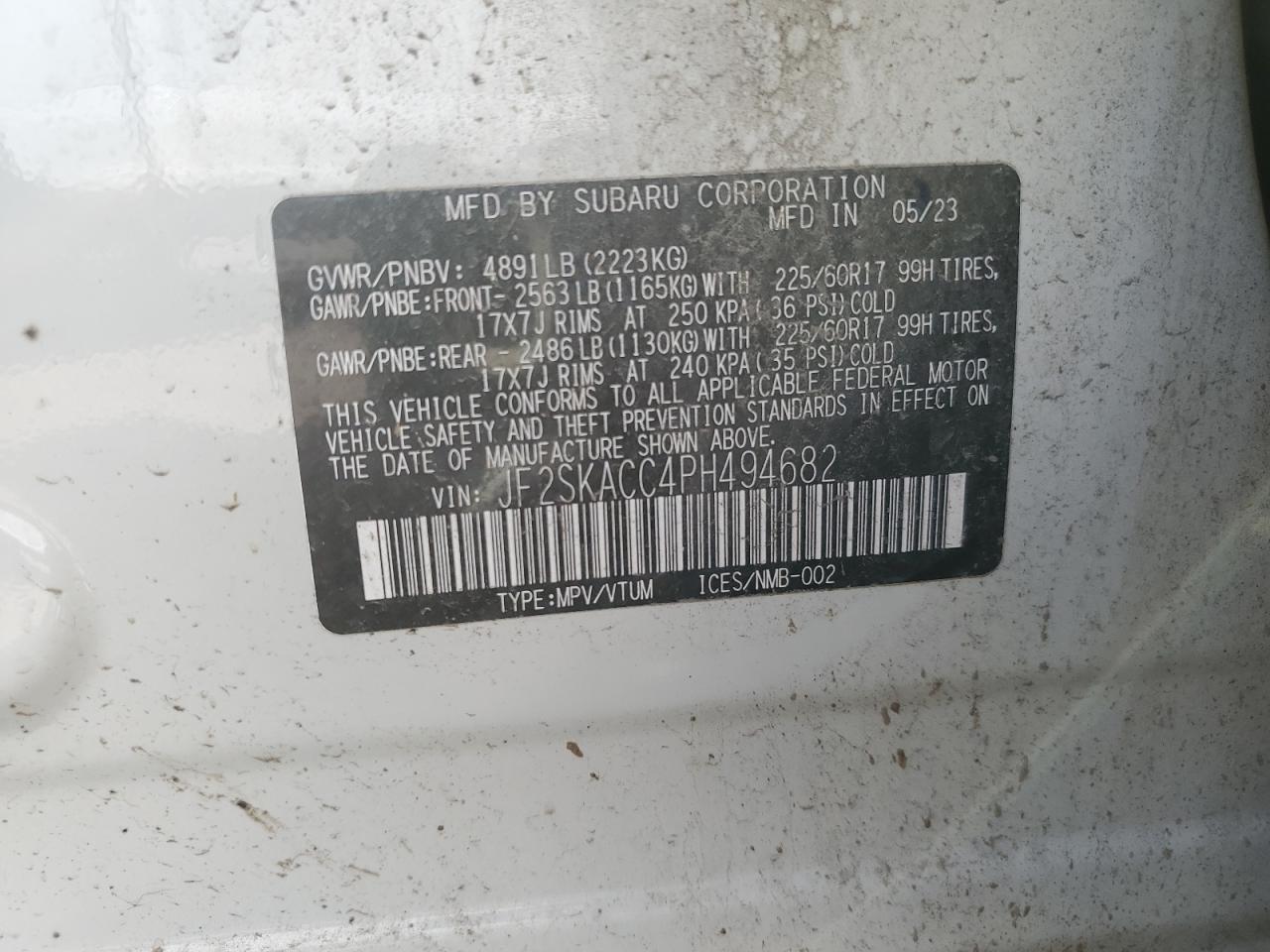 2023 SUBARU FORESTER VIN:JF2SKACC4PH494682