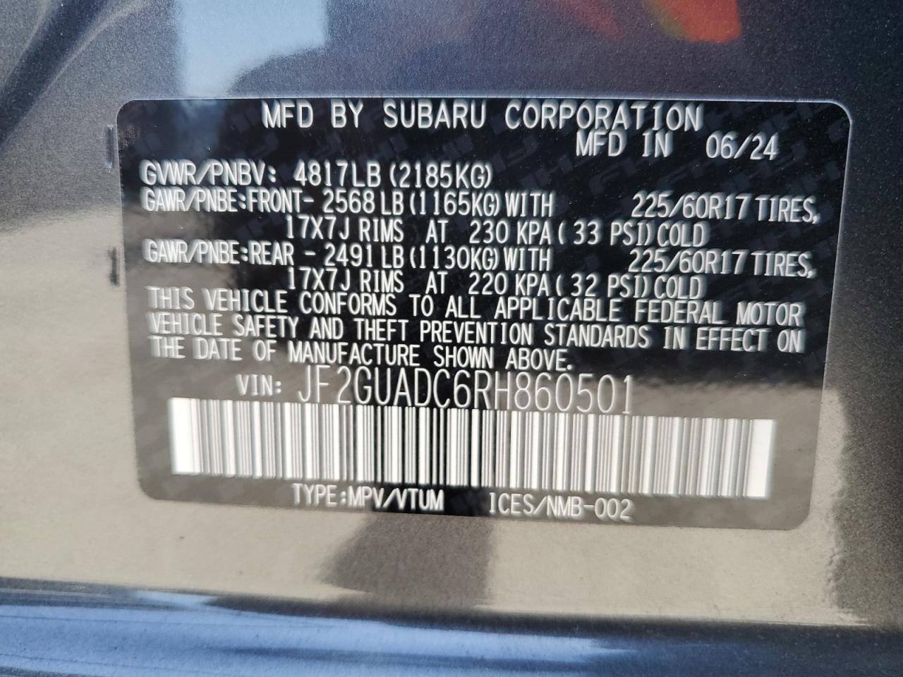 2024 SUBARU CROSSTREK PREMIUM VIN:JF2GUADC6RH860501