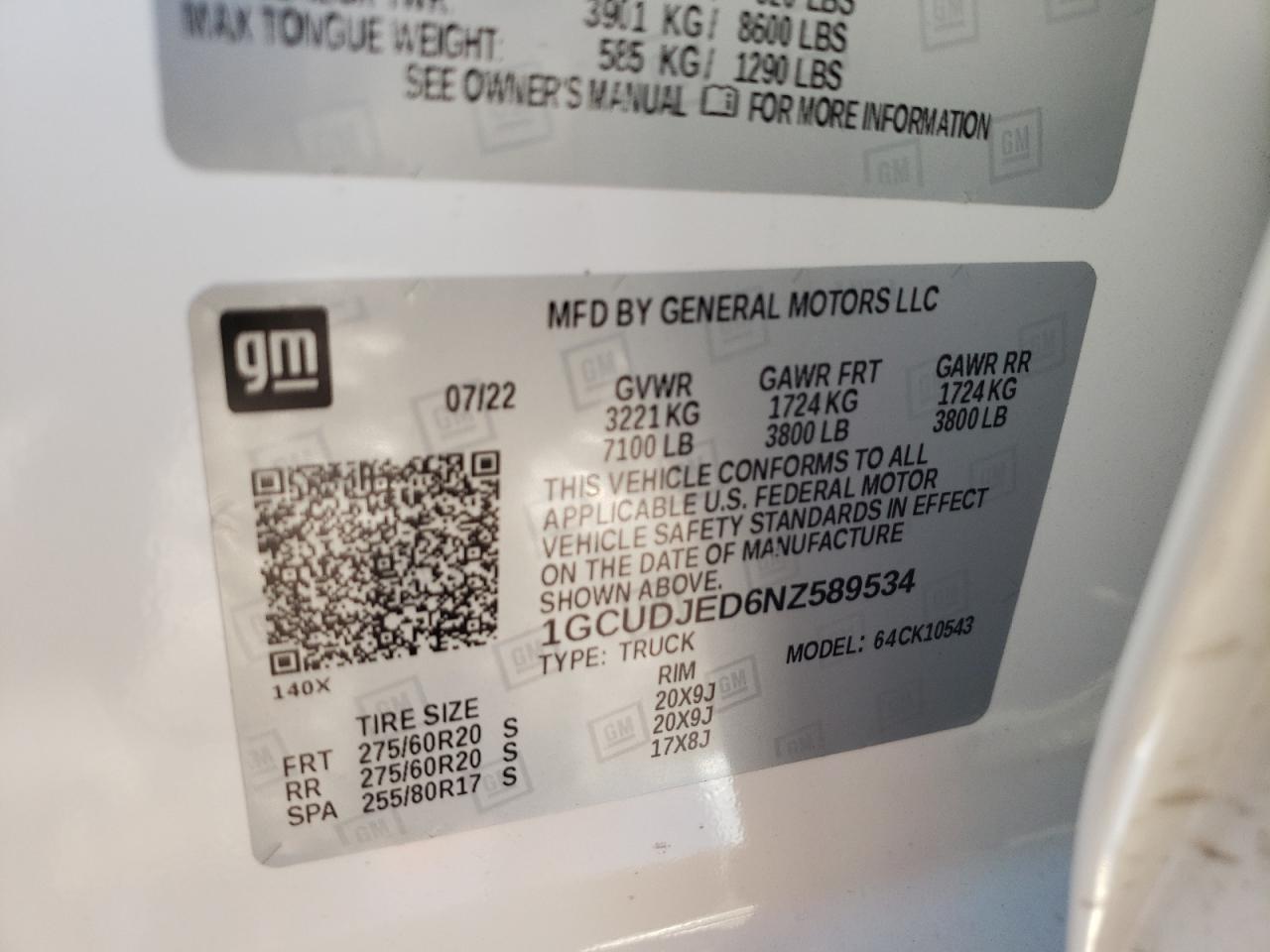 2022 CHEVROLET SILVERADO K1500 HIGH COUNTRY VIN:1GCUDJED6NZ589534