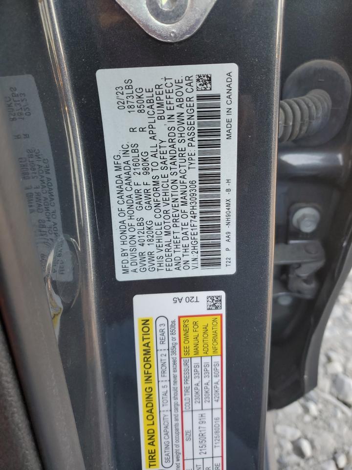 2023 HONDA CIVIC EX VIN:2HGFE1F74PH309306