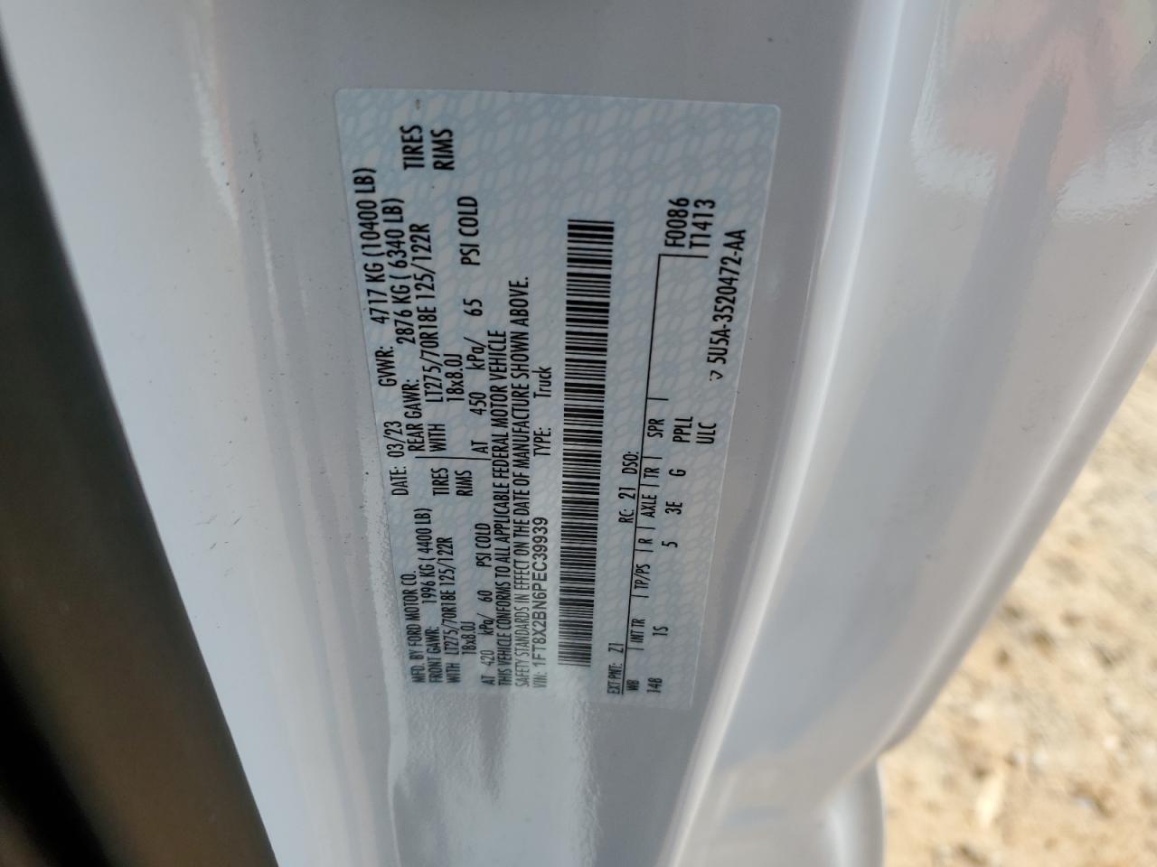 2023 FORD F250 SUPER DUTY VIN:1FT8X2BN6PEC39939