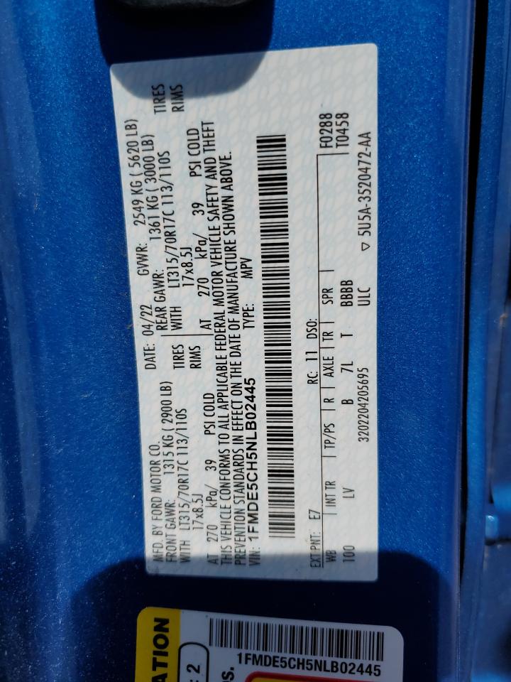 2022 FORD BRONCO BASE VIN:1FMDE5CH5NLB02445