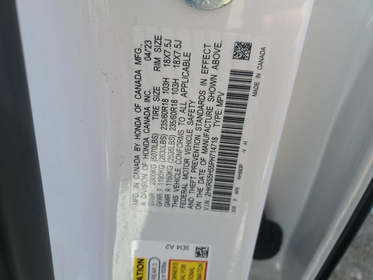 2023 HONDA CR-V SPORT VIN:2HKRS5H55PH714718