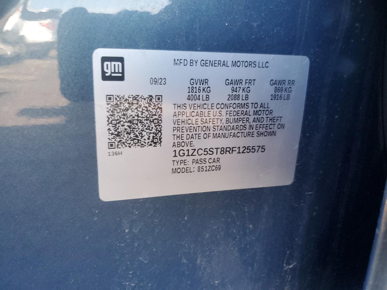 2024 CHEVROLET MALIBU LS VIN:1G1ZC5ST8RF125575