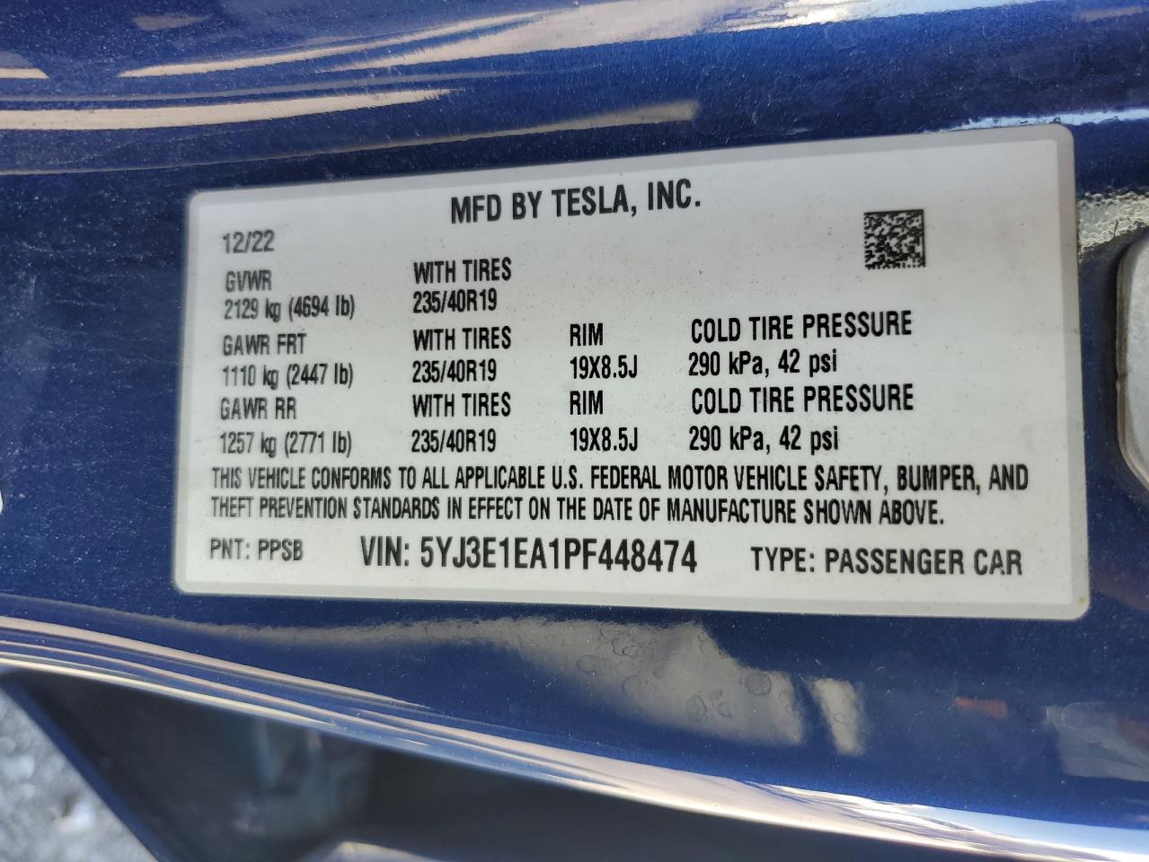2023 TESLA MODEL 3 VIN:5YJ3E1EA1PF448474