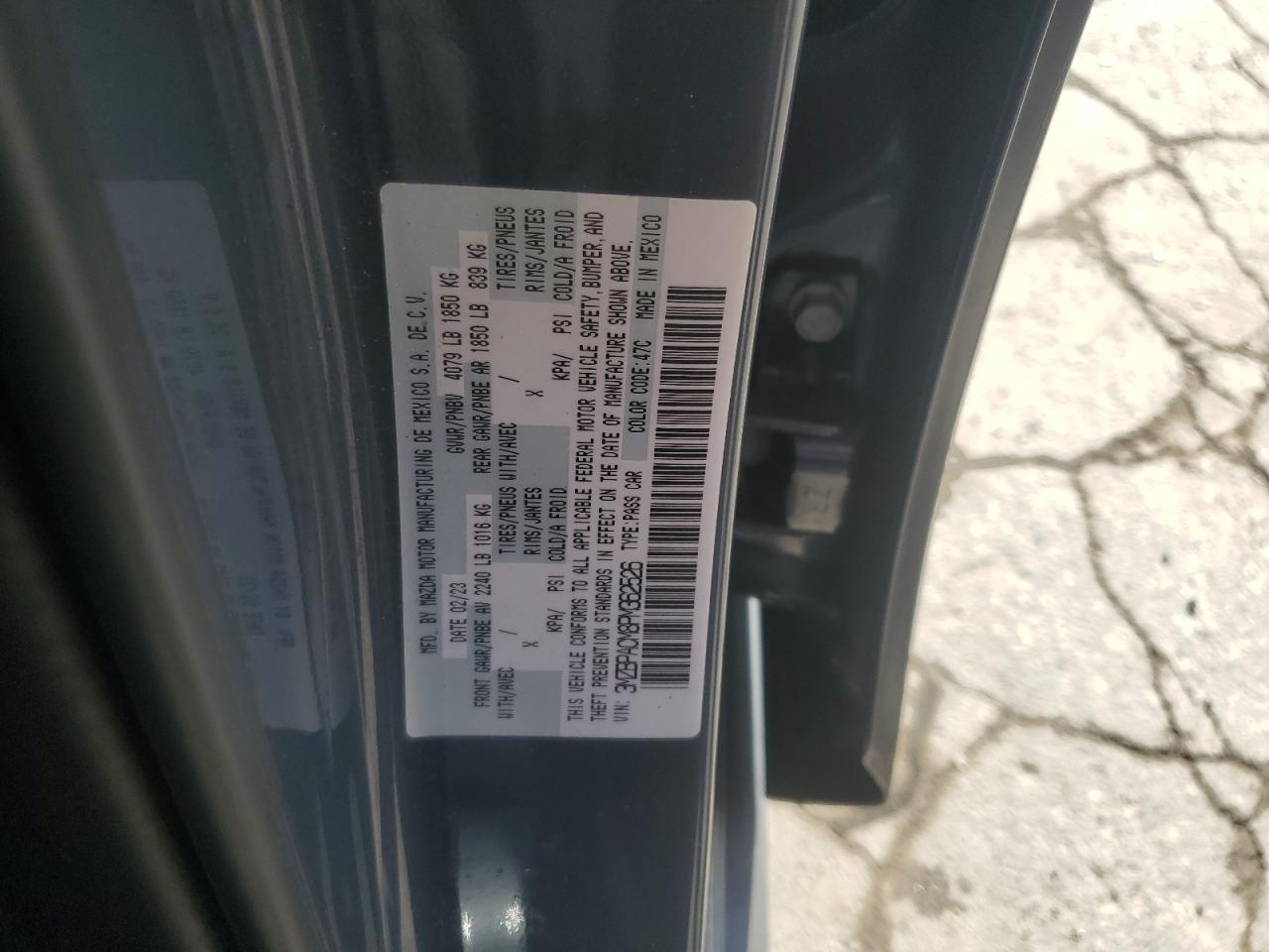 2023 MAZDA 3 PREFERRED VIN:3MZBPACM8PM362526