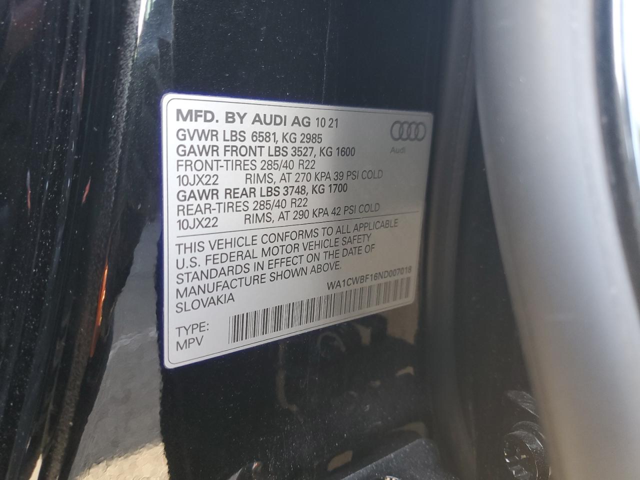 2022 AUDI SQ8 PRESTIGE VIN:WA1CWBF16ND007018