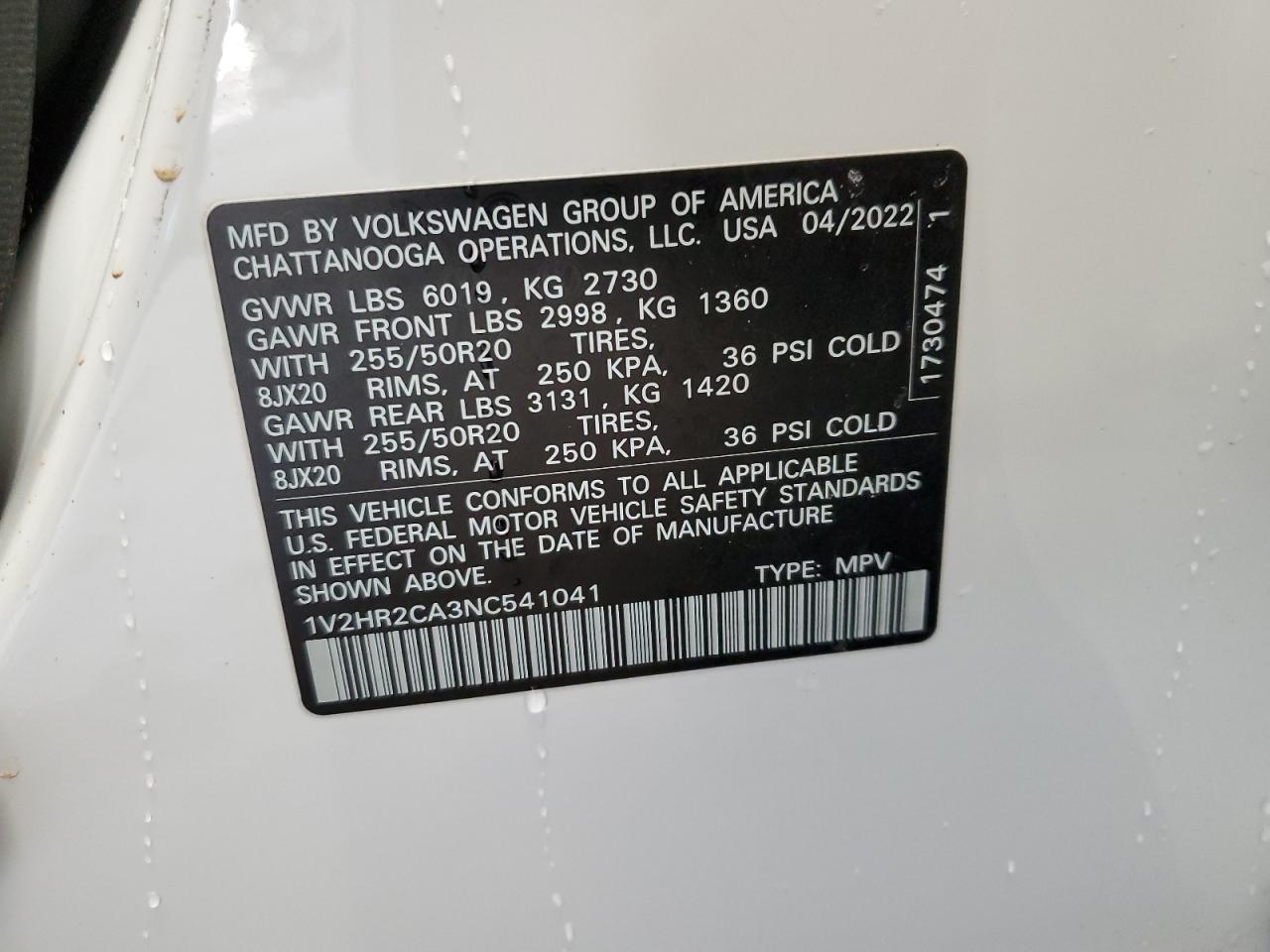 2022 VOLKSWAGEN ATLAS SE VIN:1V2HR2CA3NC541041