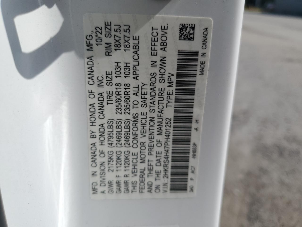 2023 HONDA CR-V EX VIN:2HKRS4H47PH401252